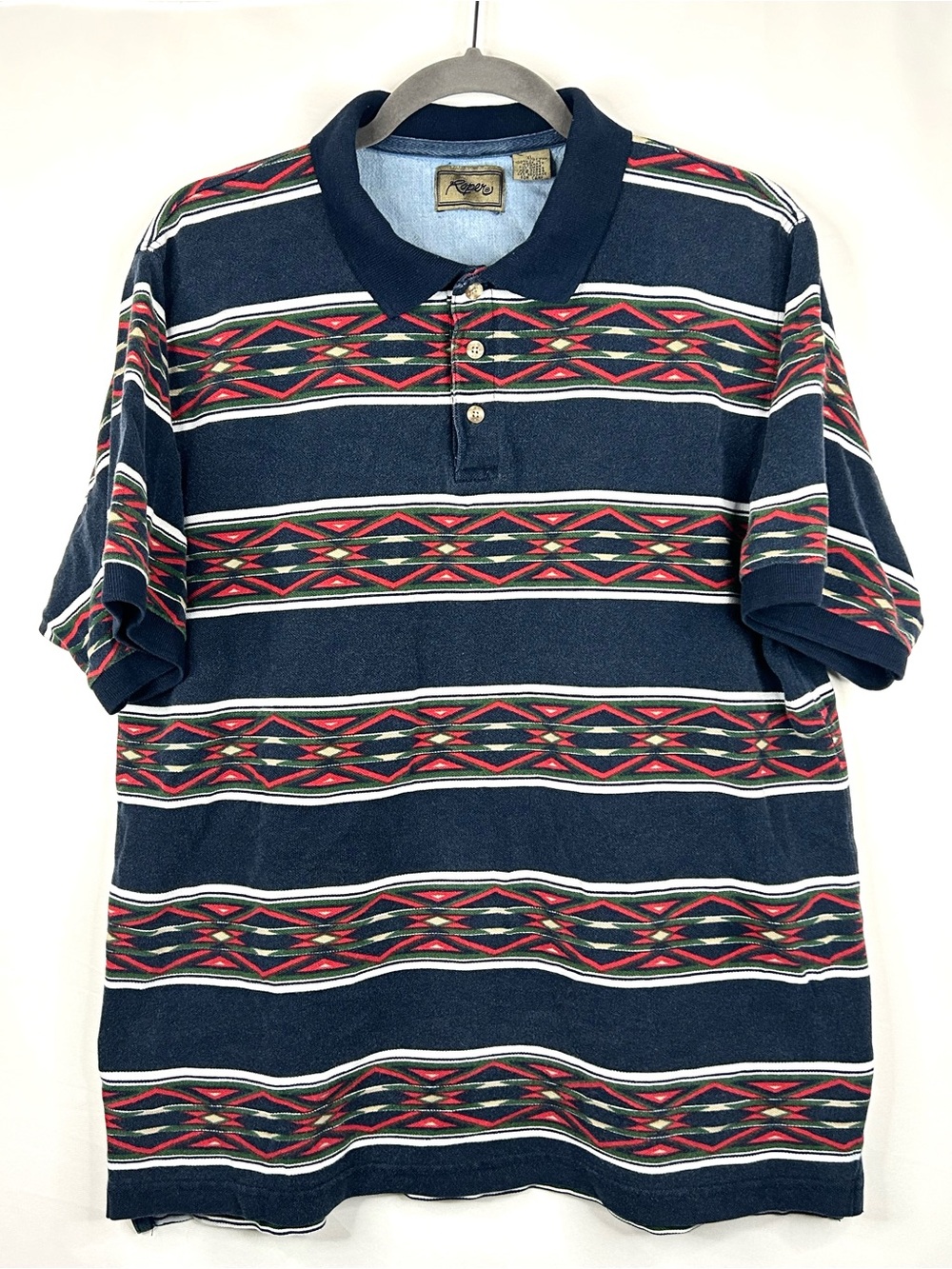 Vintage Roper Aztec Striped Polo Shirt Mens XL Southwestern Navajo Cowboy Blue